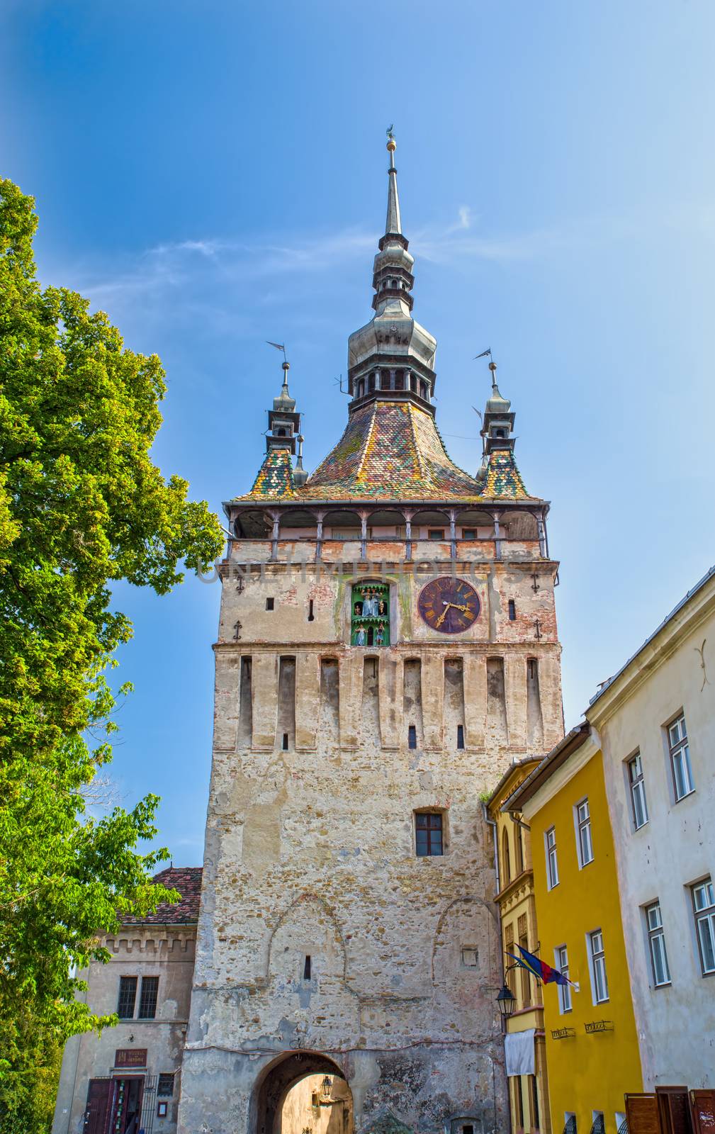 Medieval Clock Tower in Sighisoara (16th century), old citadel entrance gates.