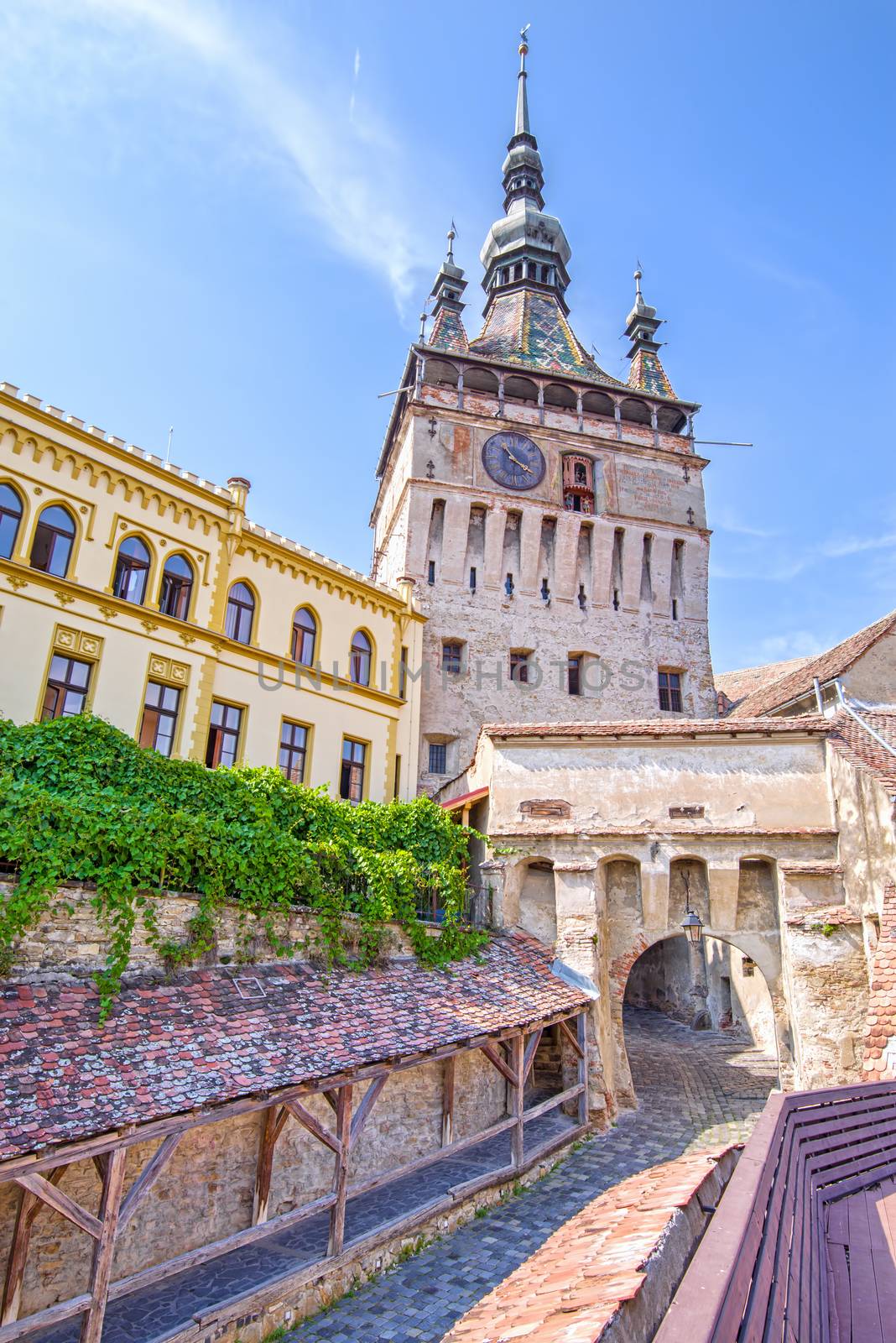 Citadel of Sighisoara, old gate entrance in fortress - The Clock Tower (16th century), Unesco Heritage in Romania