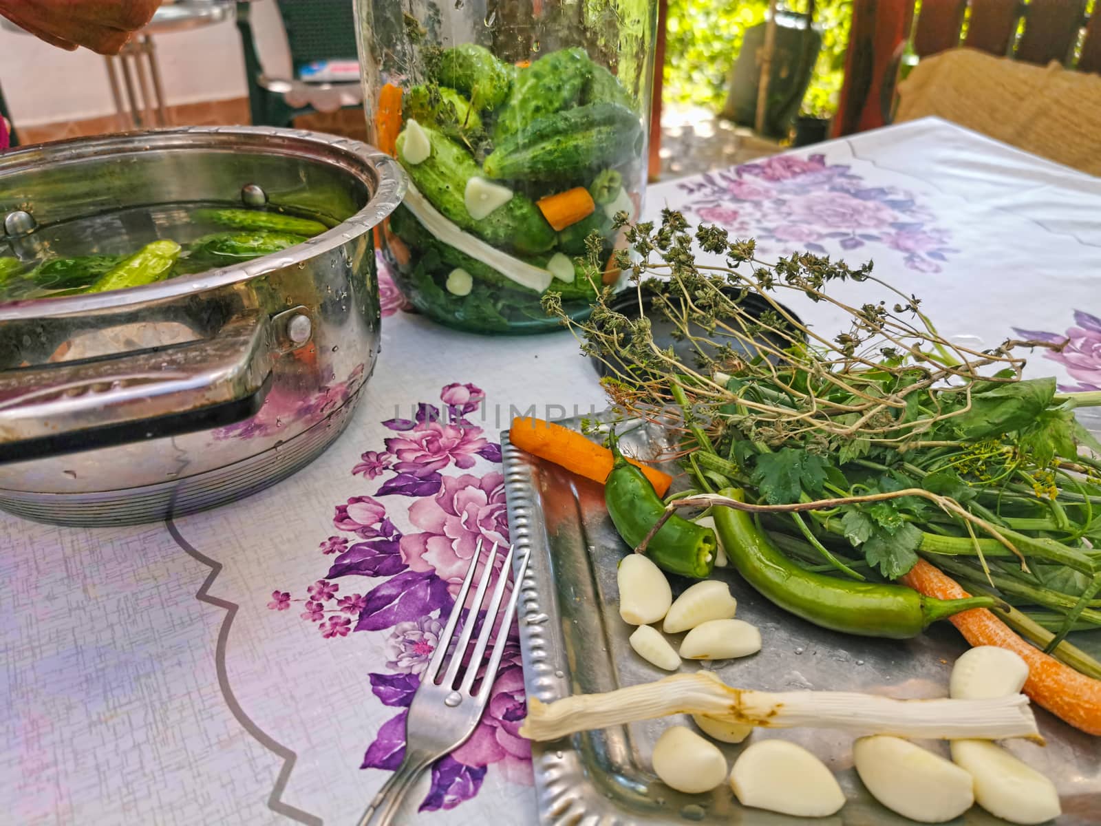 Prepairing home made pickles in jar: cucumber, garlic, carrot, fallow, pepper and basil