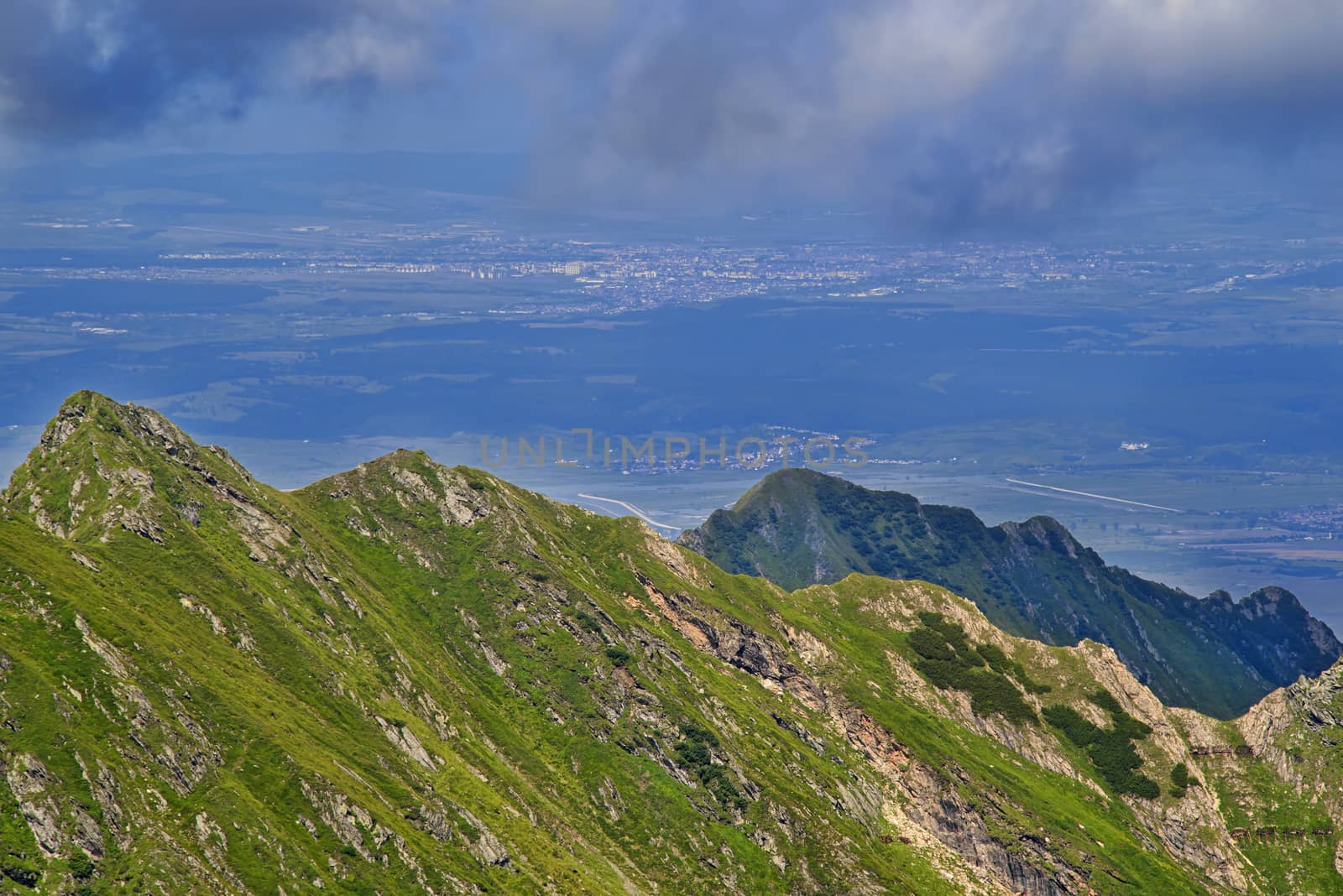 Romanian city of Sibiu seen from Fagaras Mountains, Transylvania