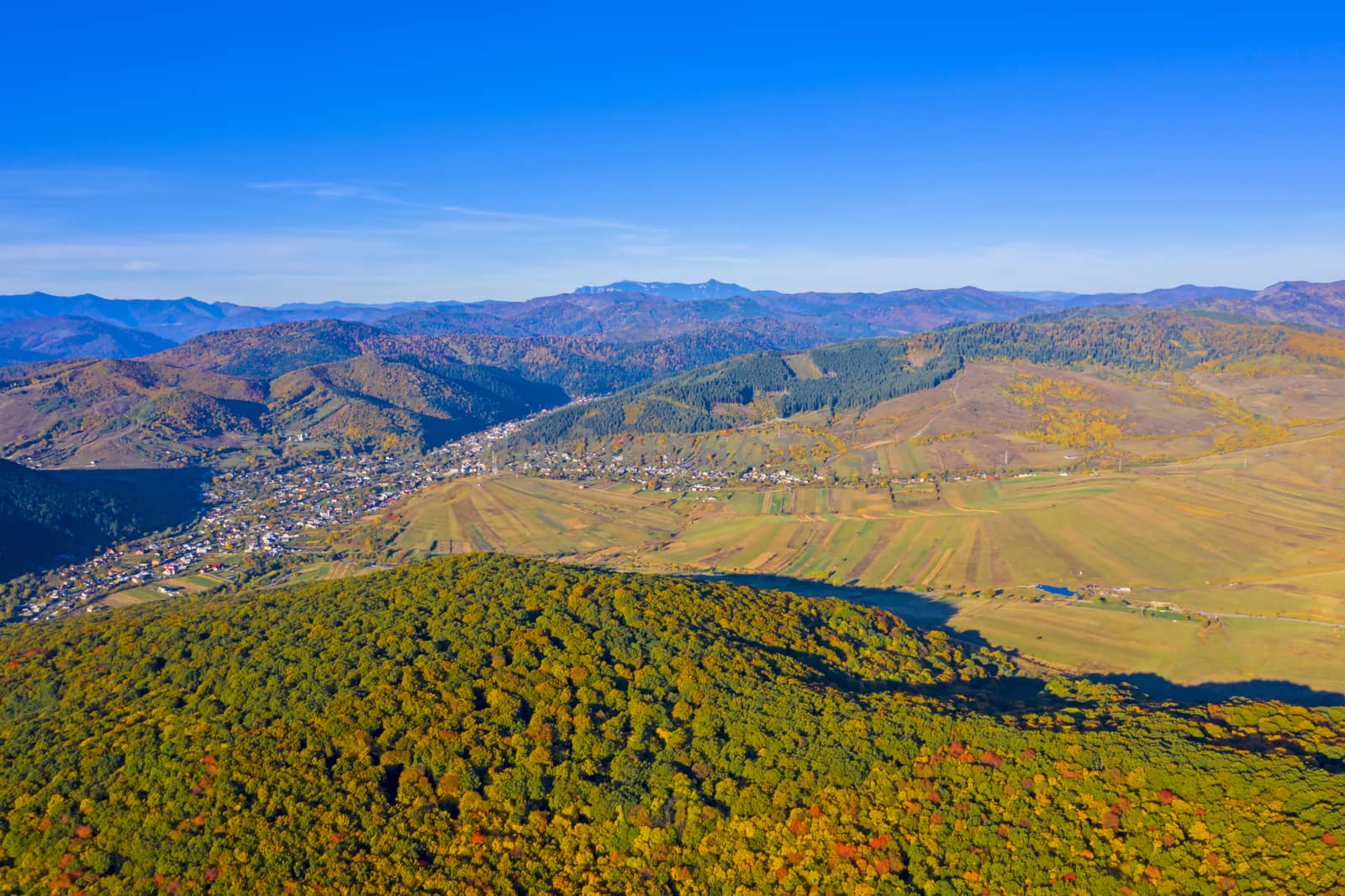 Forest and village in aerial autumn landscape by savcoco