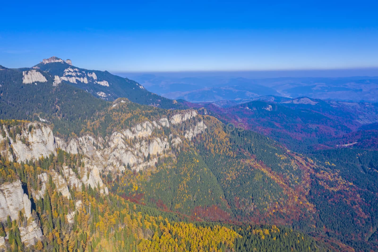 Aerial view of rocky mountain and autumn forest bellow, Romanian Carpathians
