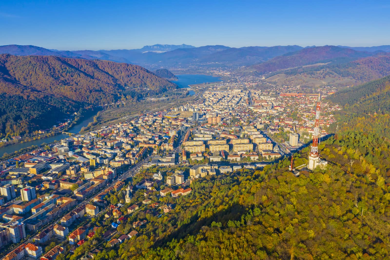 Aerial view of autumn mountain city by savcoco