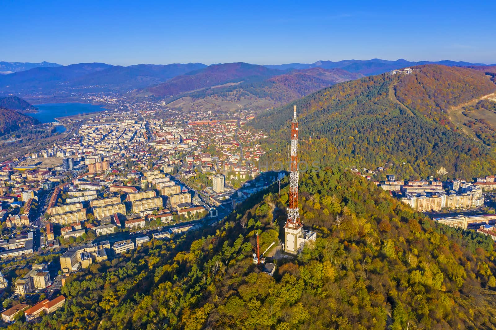 Aerial view of city and tower antenna, Autumn landscape in Romania, Piatra Neamt city