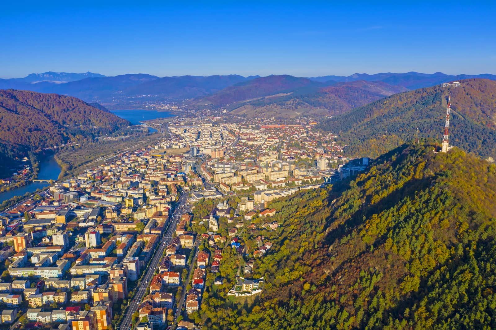 Aerial view of mountain city, autumn landscape at Piatra Neamt in Romania