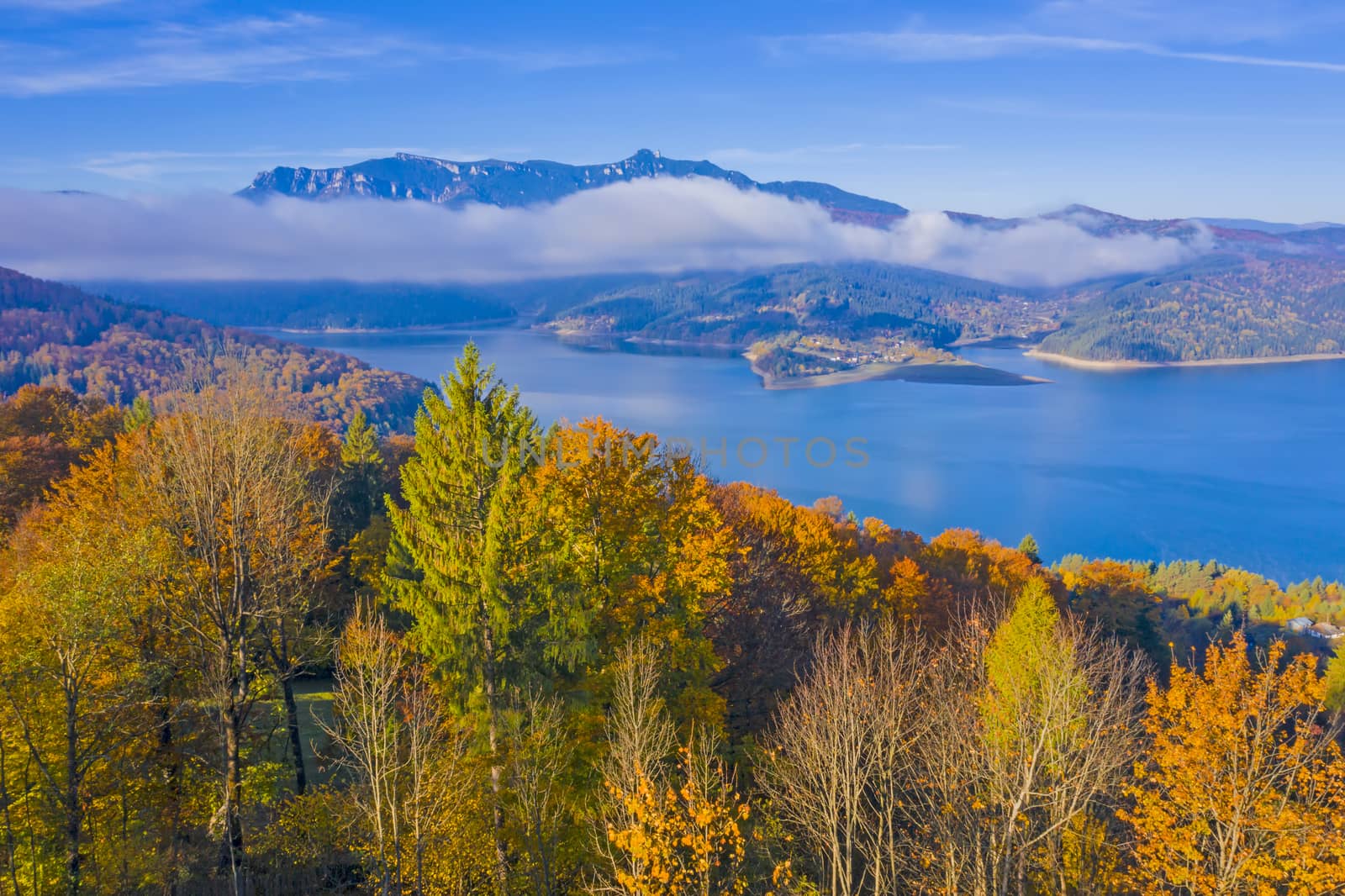Autumn forest trees and mist cloud over the lake, Romanian Carpathians scene, Bicaz Lake