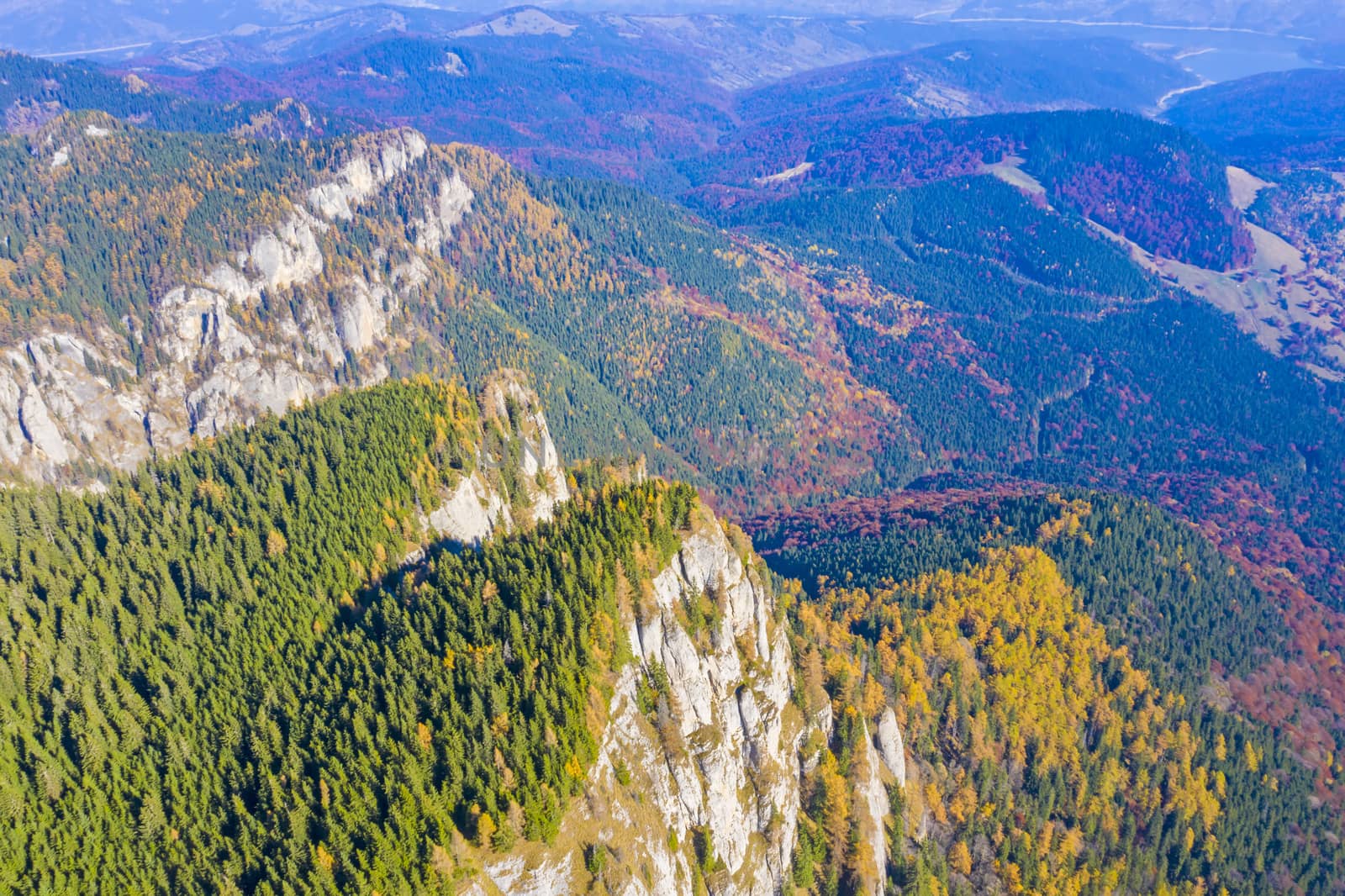 Aerial view of autumn rocky mountain in Romanian Carpathians.