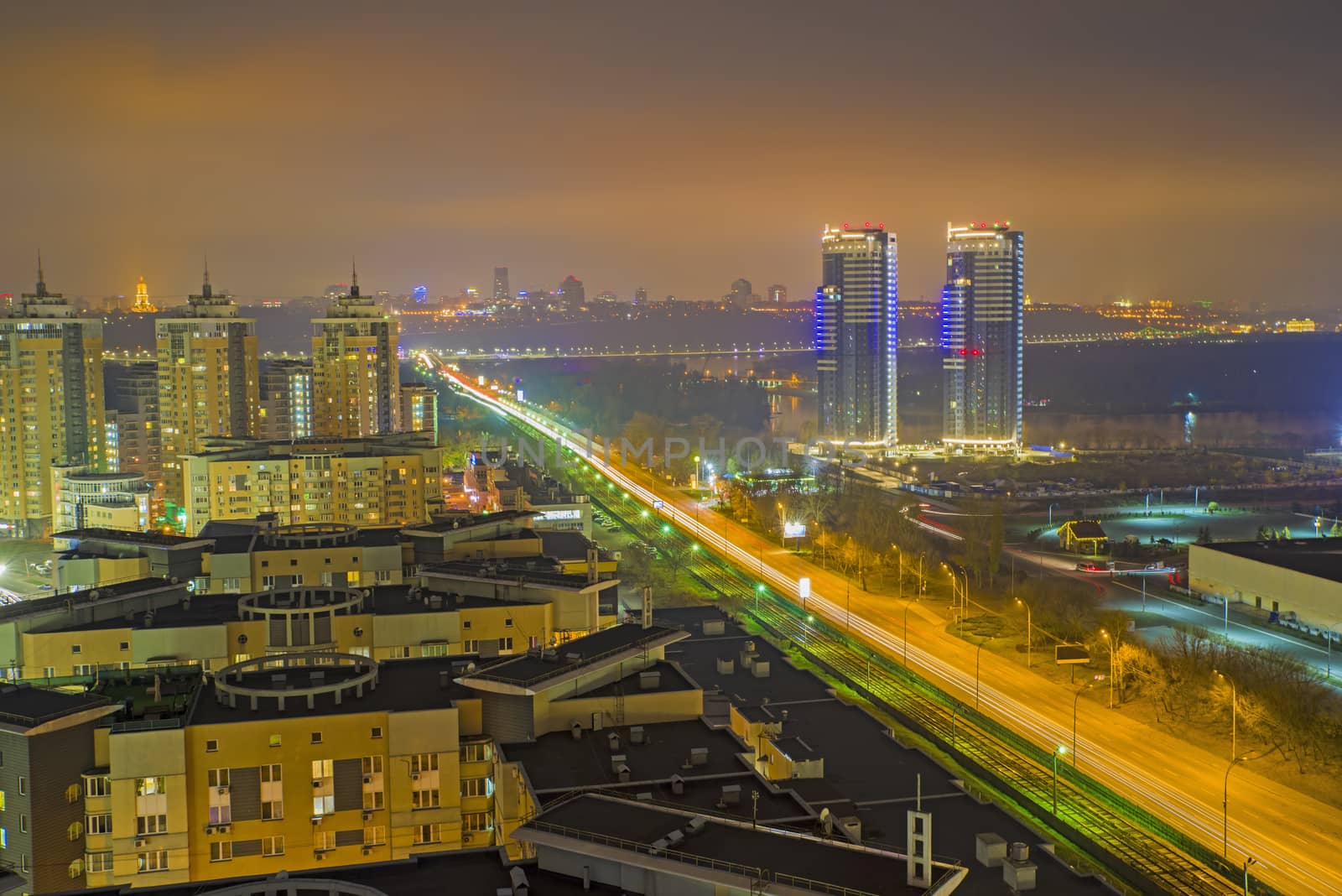 Aerial night view of residence buildings in Kiev, night ukrainean scene