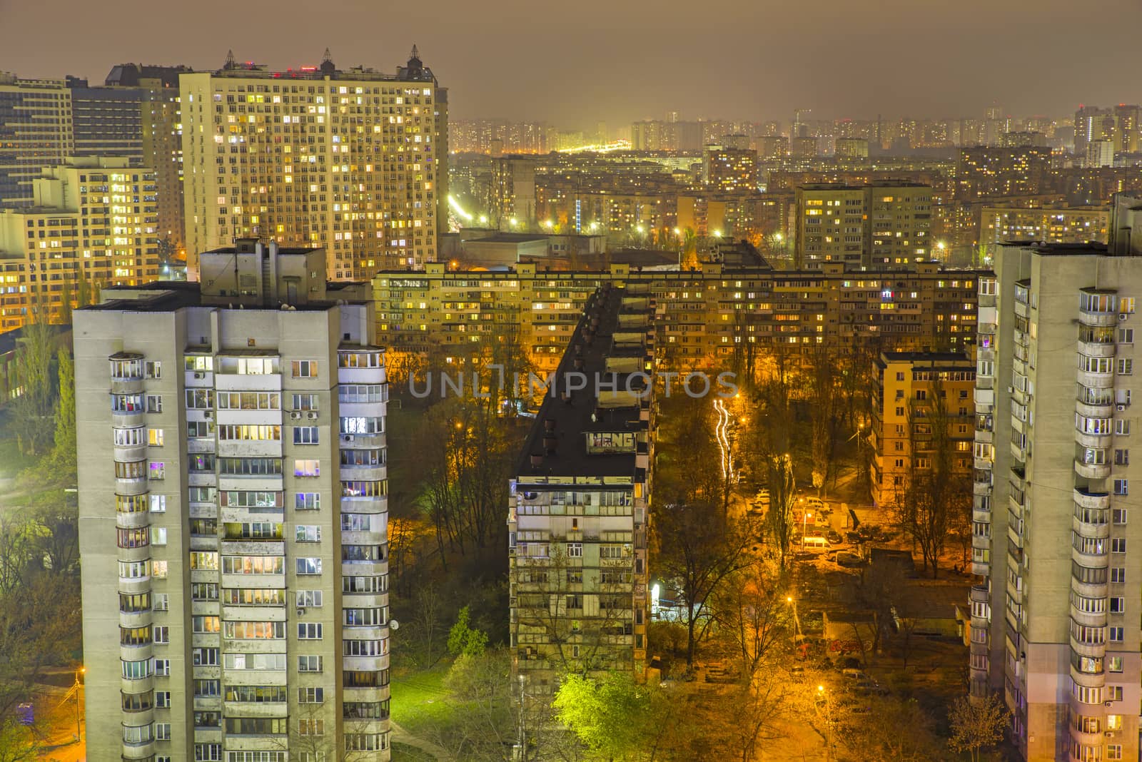 Aerial night scene of housing estate buildings in Kiev, Ukraine