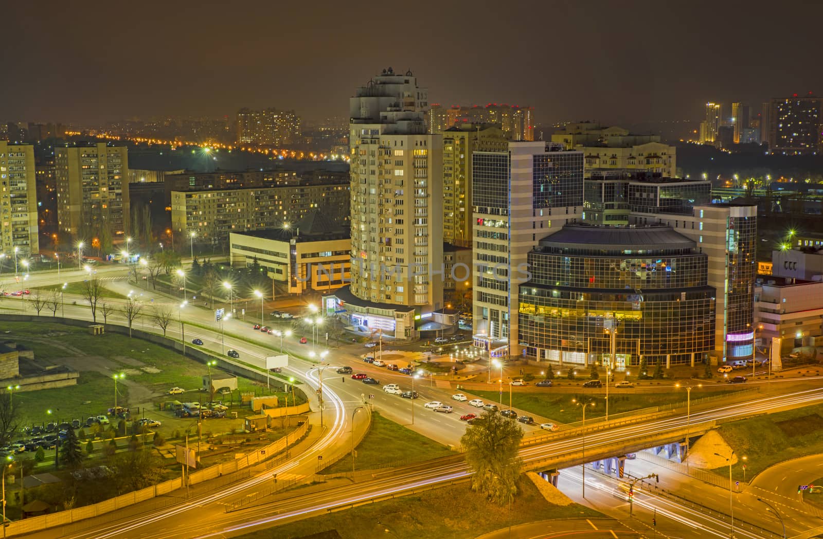 Night buildings and streets in Kiev city, ukrainean capital landscape