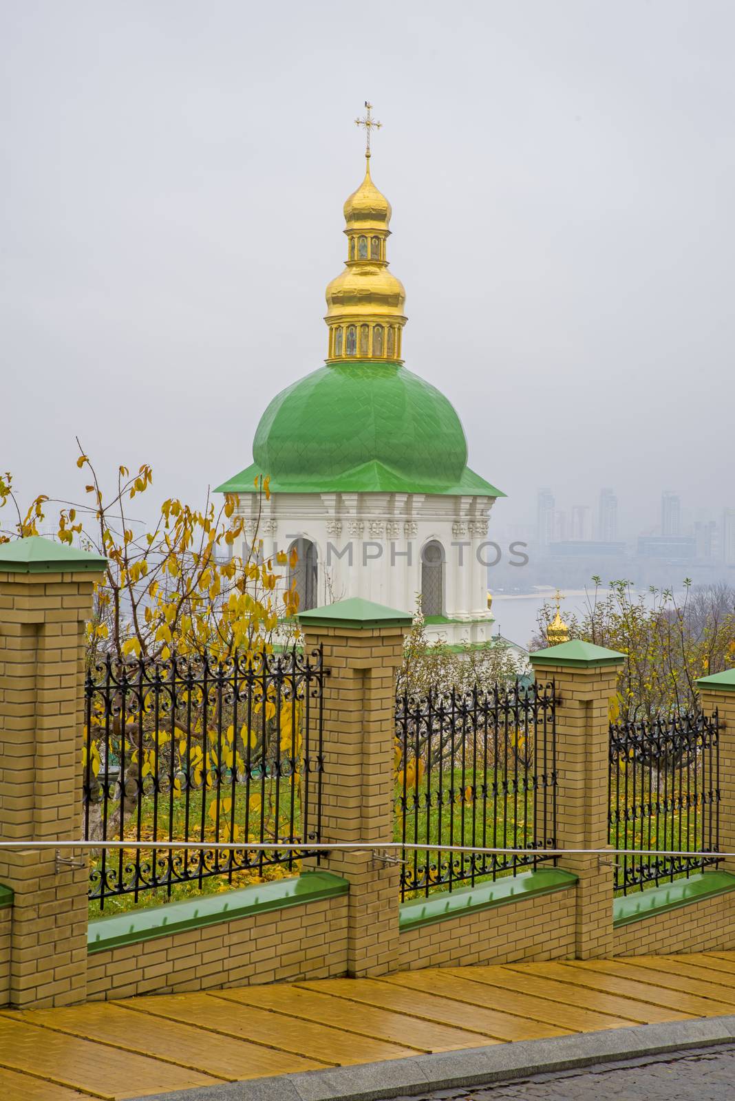 Autumn landscape and Tower Bell in Great Pechersk Lavra in Kiev