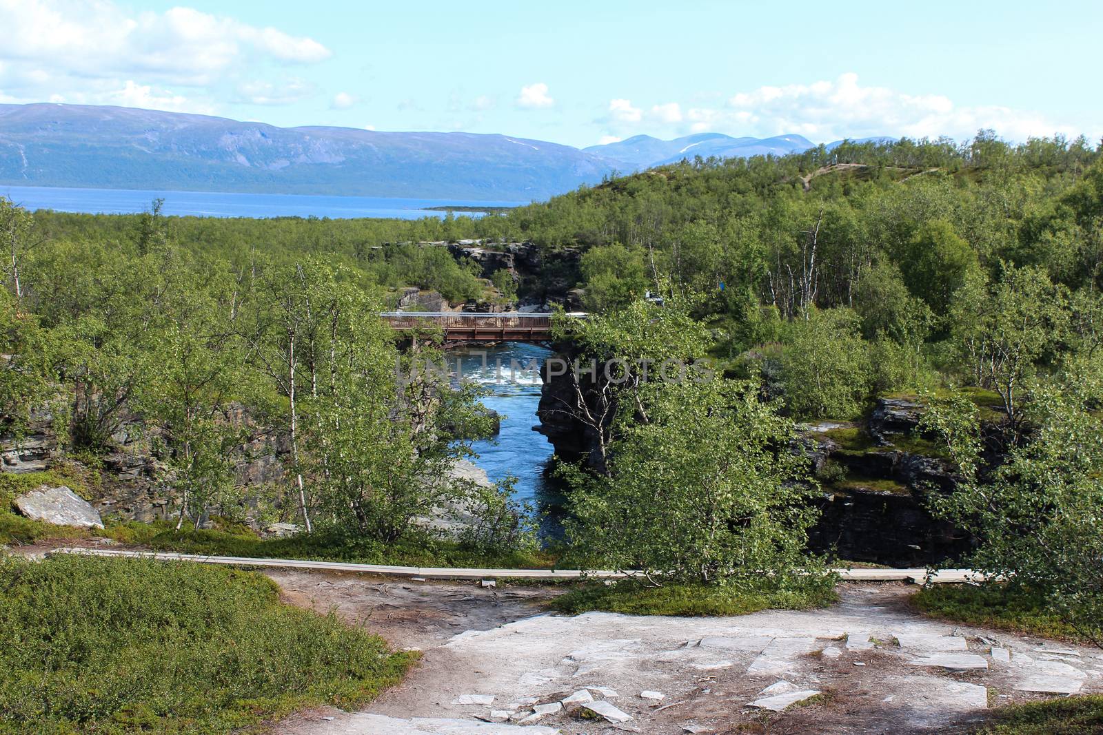 Overview of Kungsleden river in the arctic tundra. Abisko national park, Nothern Sweden