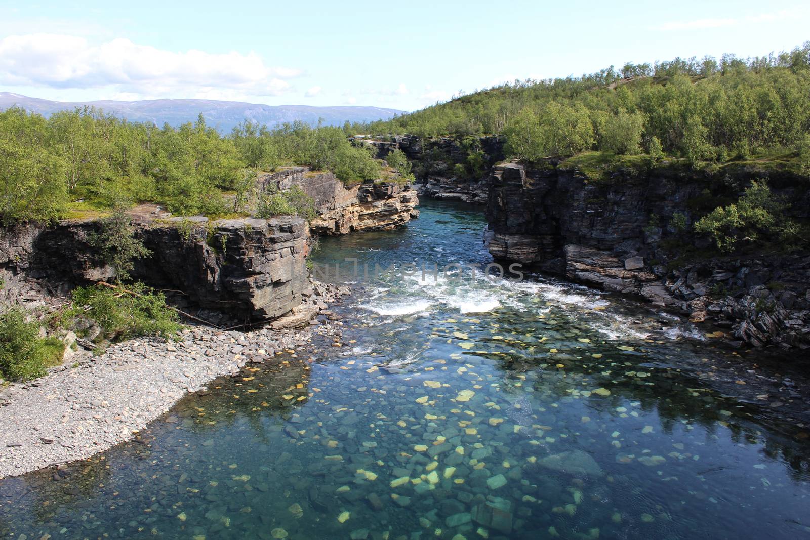 Overview of Kungsleden river in the arctic tundra. Abisko national park, Nothern Sweden