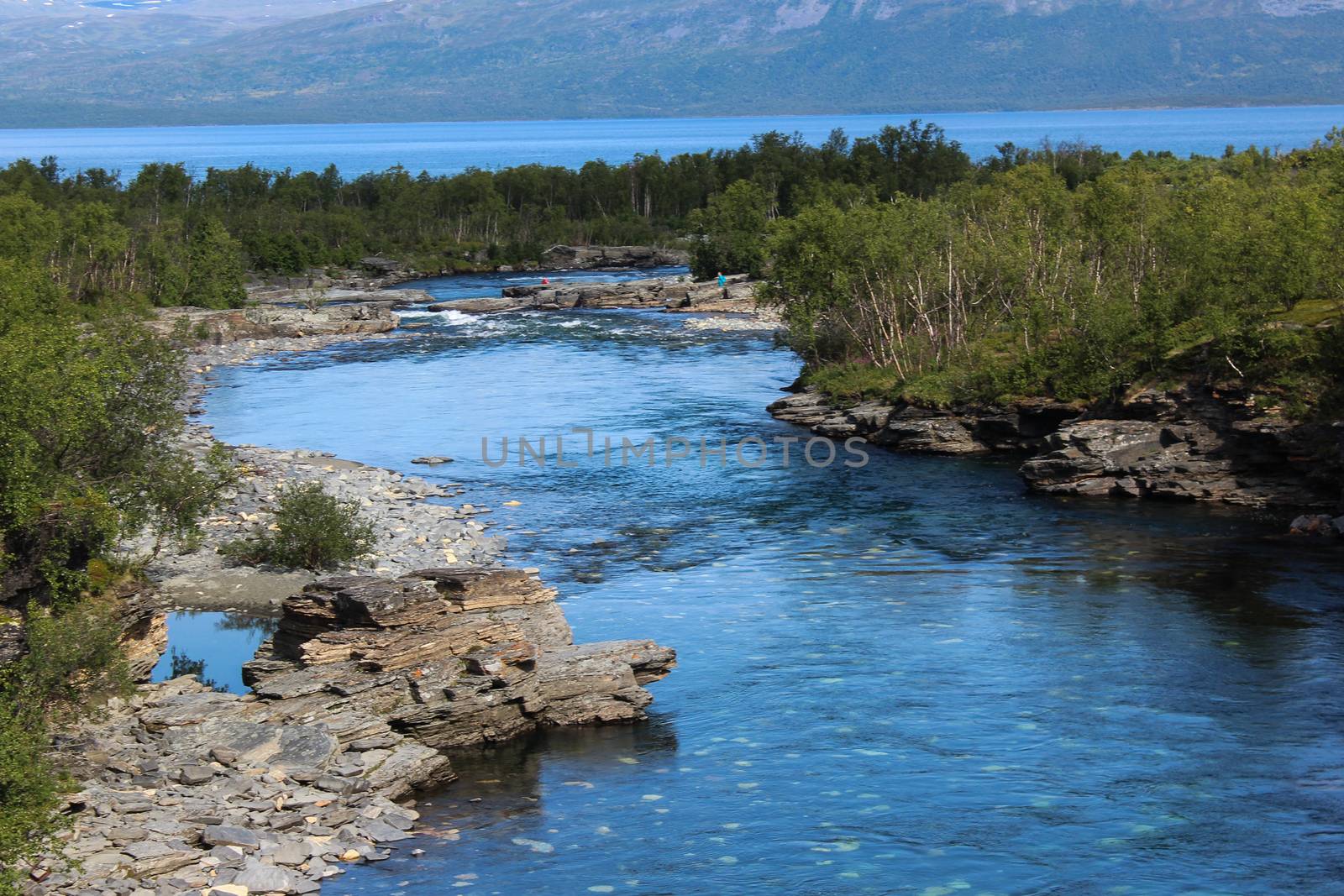 Overview of Kungsleden river in the arctic tundra. Abisko national park, Nothern Sweden