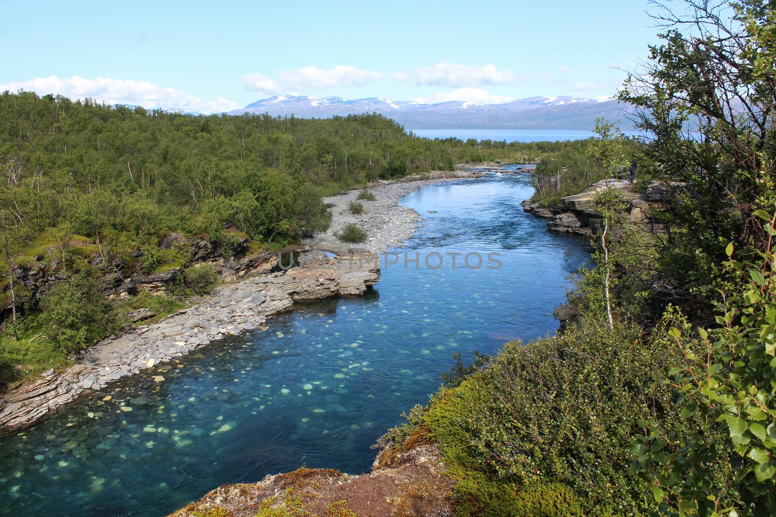 Overview of Kungsleden river in the arctic tundra. Abisko national park, Nothern Sweden