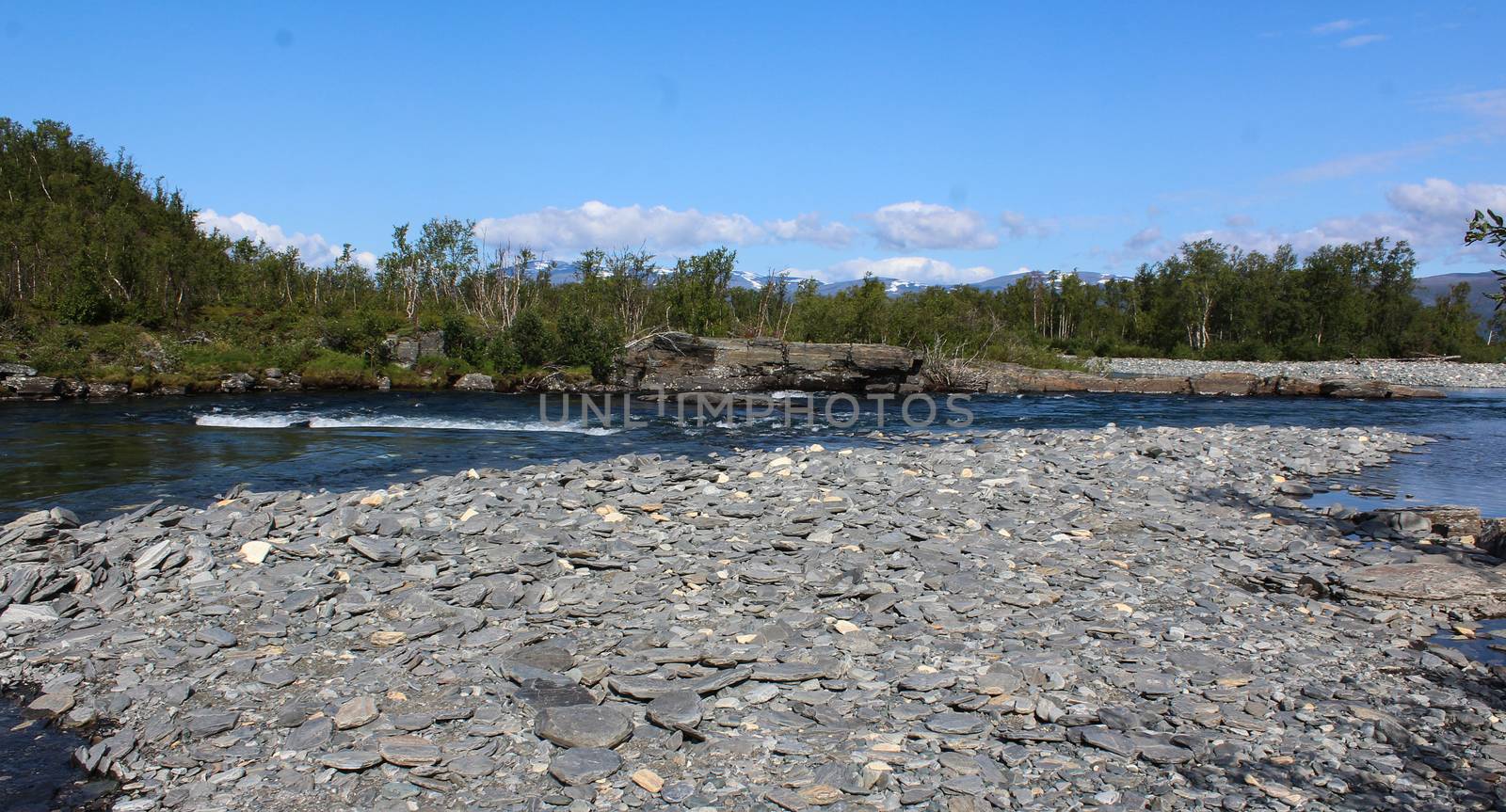 Overview of Kungsleden river in the arctic tundra. Abisko national park, Nothern Sweden