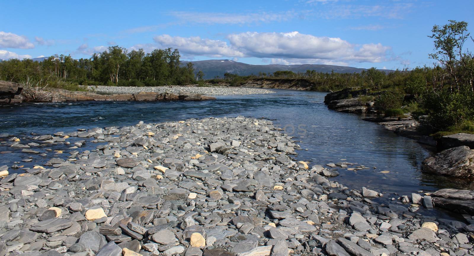 Overview of Kungsleden river in the arctic tundra. Abisko national park, Nothern Sweden