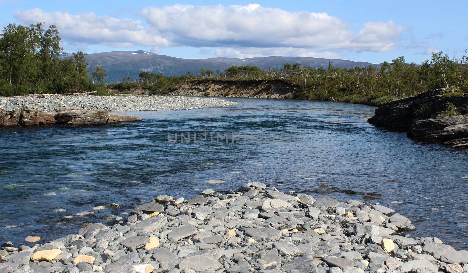 Overview of Kungsleden river in the arctic tundra. Abisko national park, Nothern Sweden