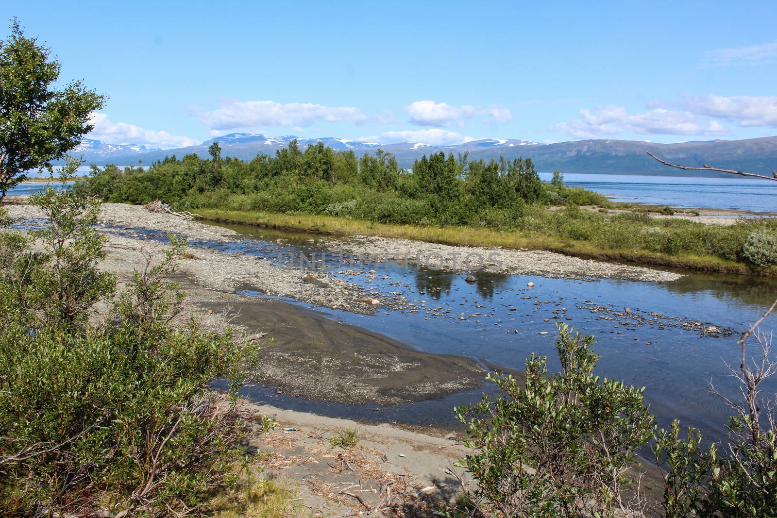 Overview of Kungsleden river in the arctic tundra. Abisko national park, Nothern Sweden