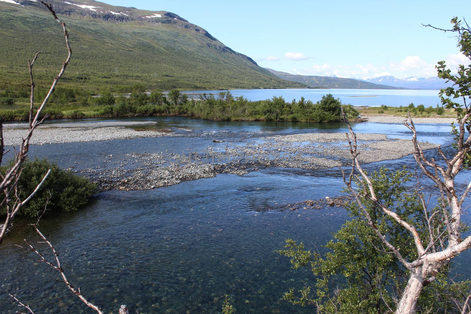 Overview of Kungsleden river in the arctic tundra. Abisko national park, Nothern Sweden