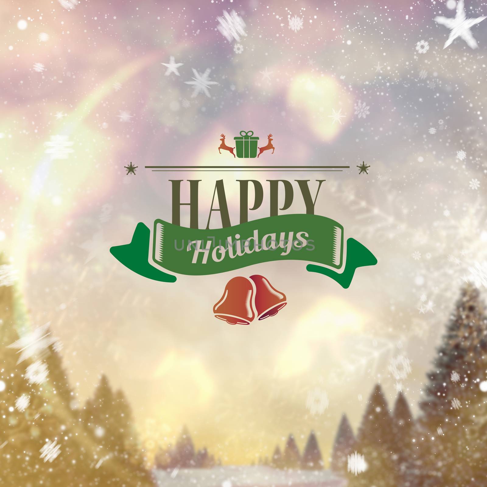 Christmas message against snowy landscape with fir trees