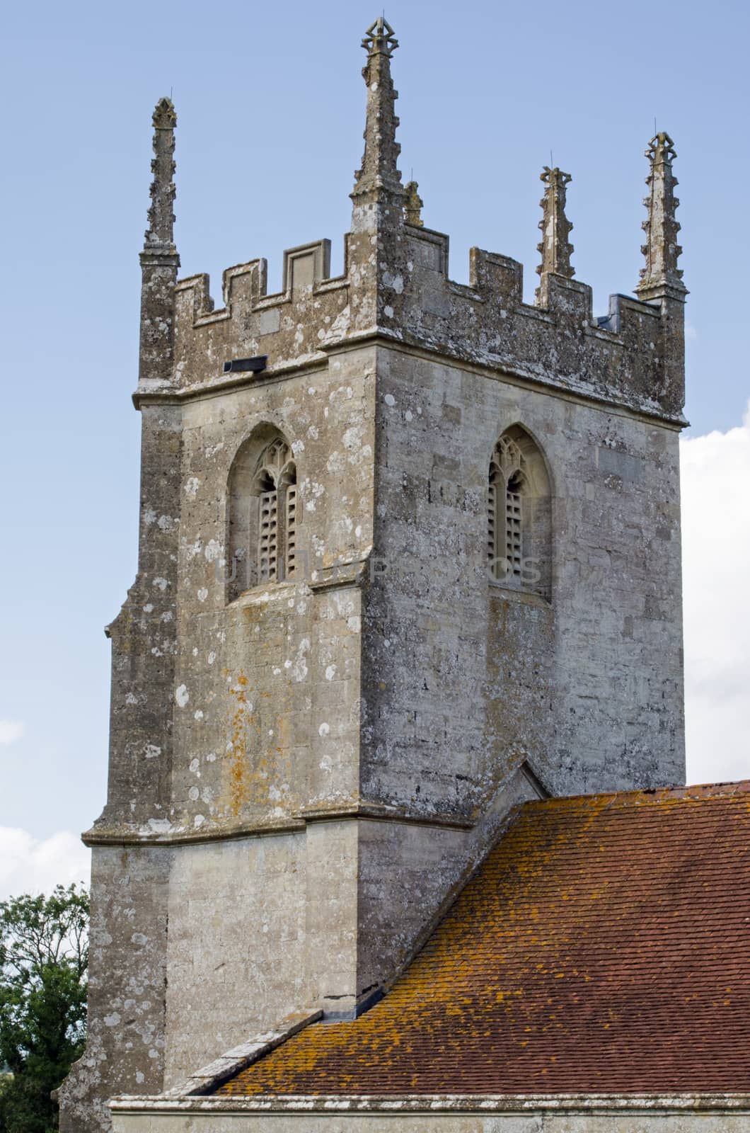Tower of the church of Saint Giles in the village of Imber on Salisbury Plain, Wiltshire.