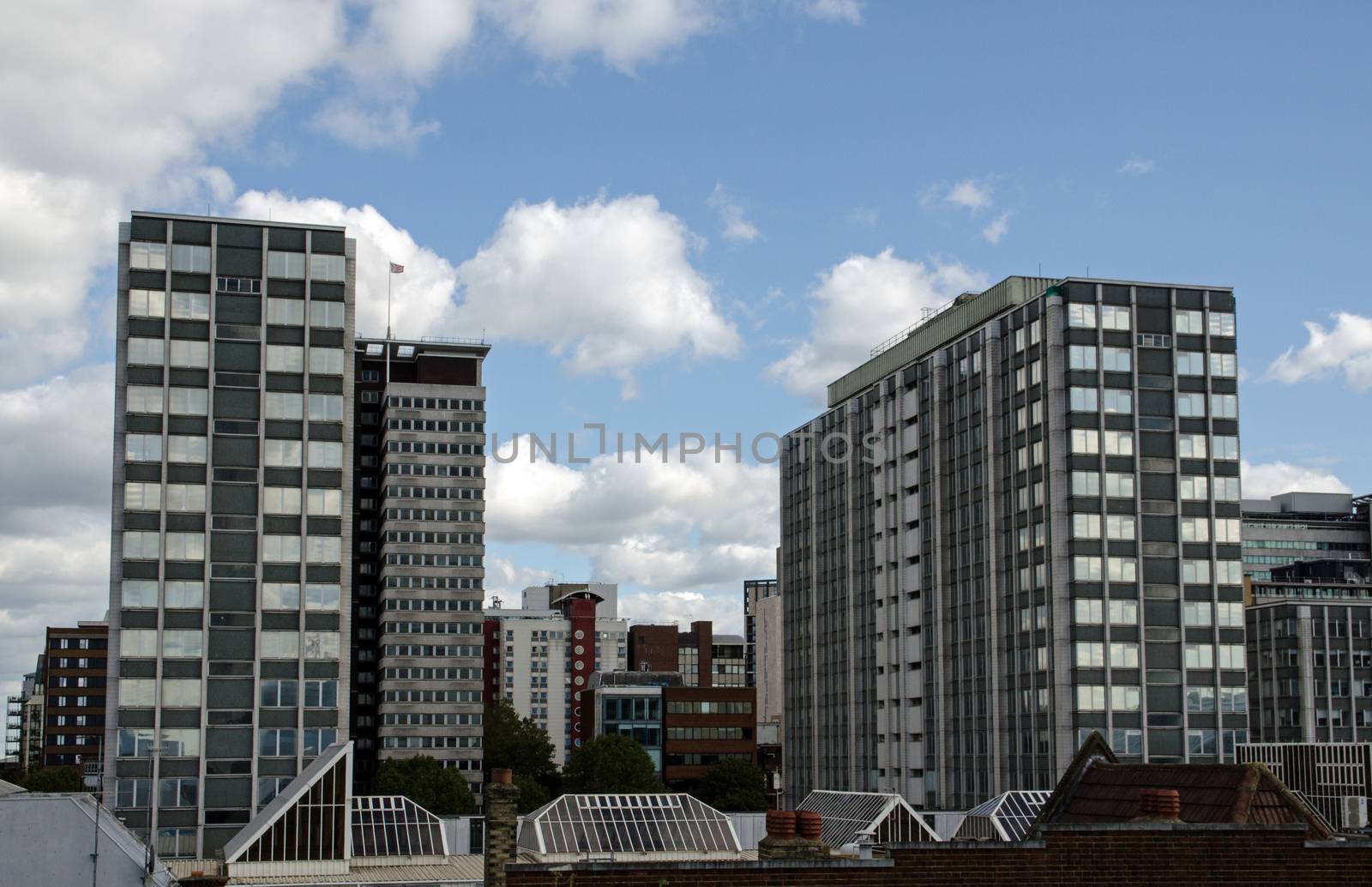 High rise buildings with offices and apartments in the middle of Croydon, South London.