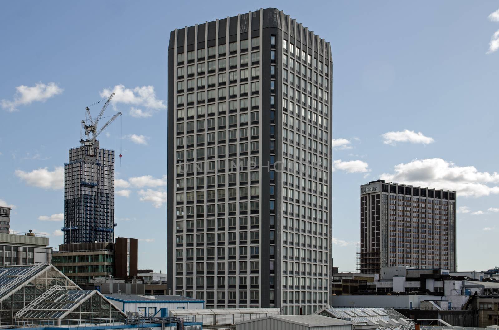 Tall  buildings including one of the Whitgift Centre office block and the former headquarters of Nestle in the centre of Croydon, South London.