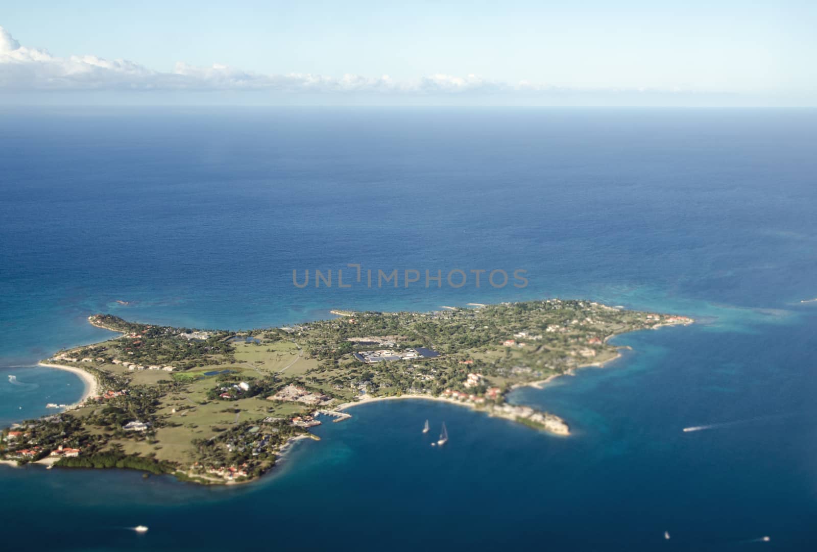 Aerial view of Long Island off the coast of Antigua on a sunny January morning. 