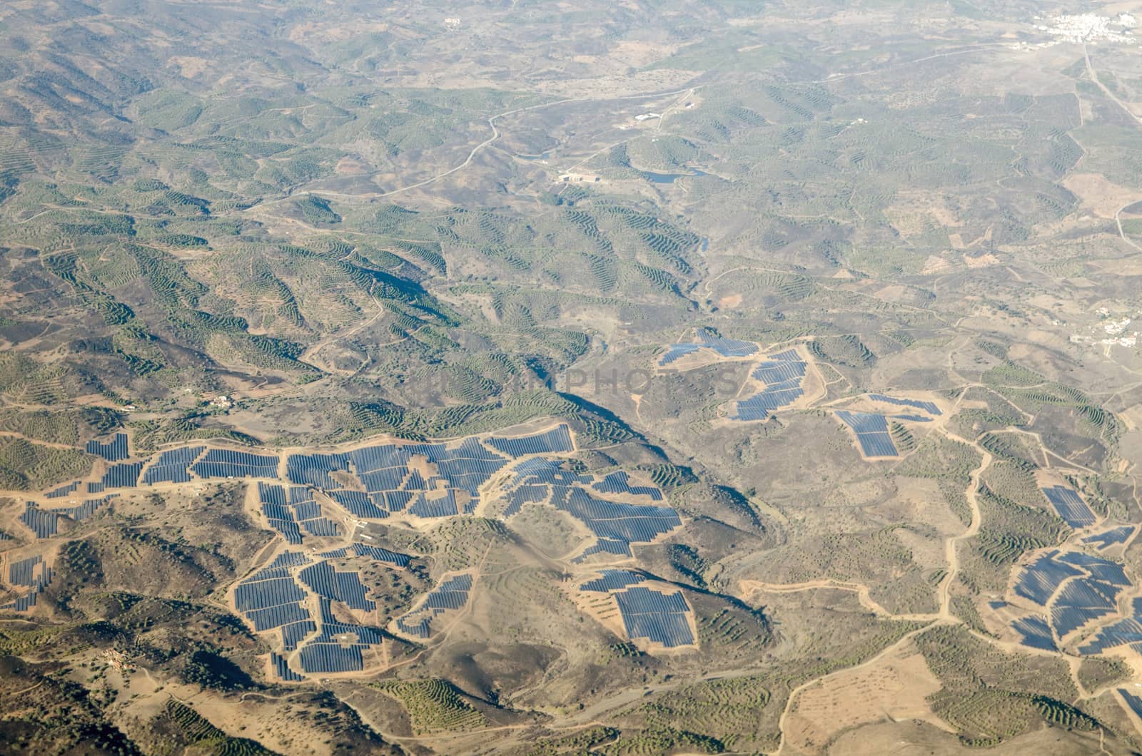 Aerial view of the many solar panels stretched across the countryside at Santa Justa in the Alcoutim region of Portugal.  