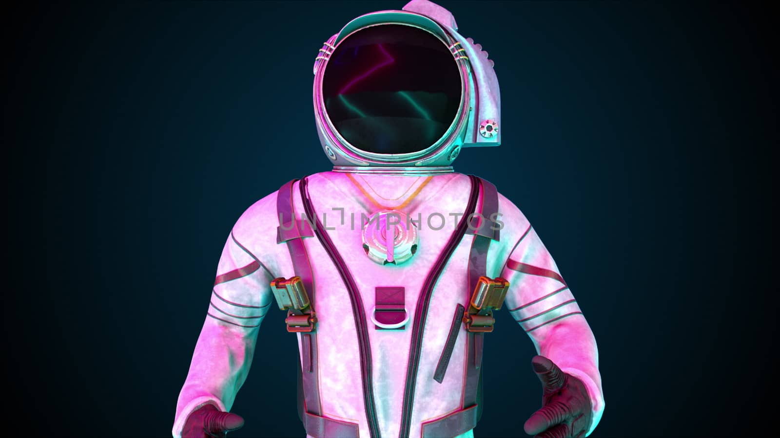 A cosmonaut in a metal protective suit in the light of neon lights. Computer generated space background, 3D rendering