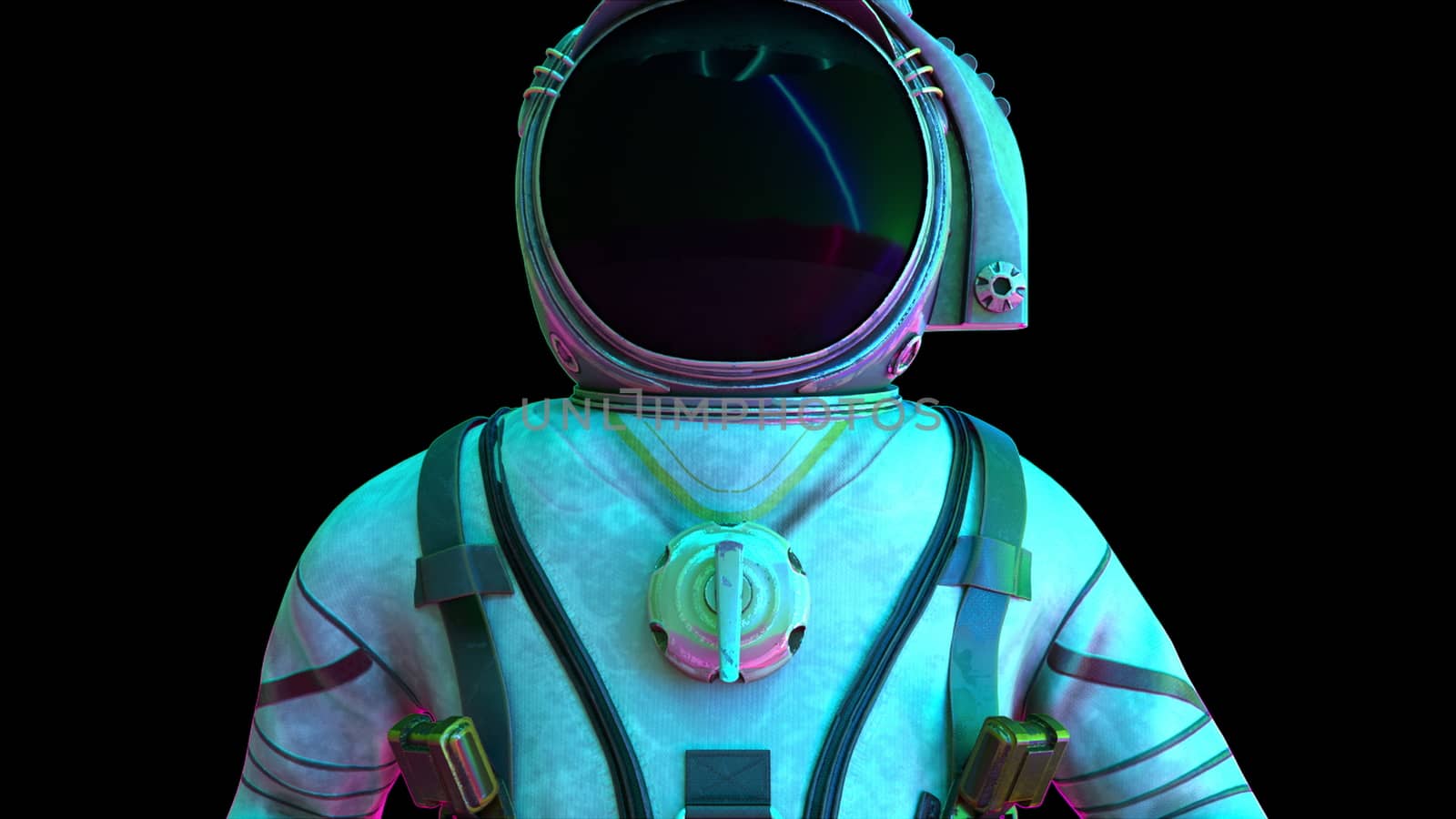 A cosmonaut in a metal protective suit in the light of neon lights. Computer generated space background, 3D rendering