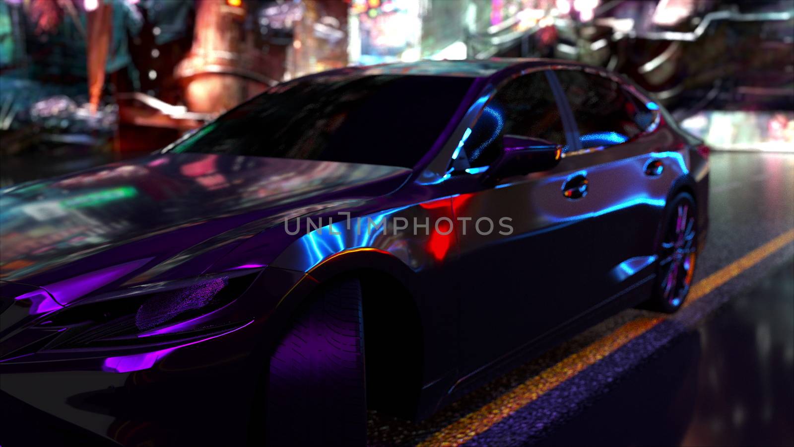 Modern car on a city street at night, computer generated. Cyberpunk composition. 3d rendering videogame backdrop.