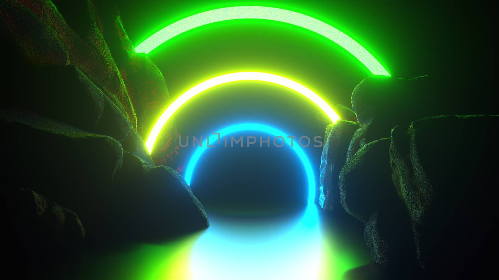 Rocky way and colored neon arches, 3d rendering. Computer generated virtual background by nolimit046