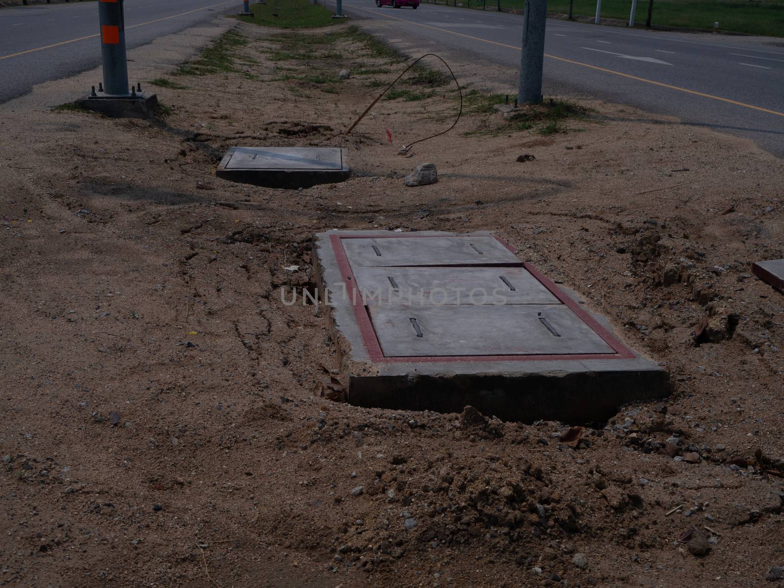 drain catch basin concrete over grass lawn in park