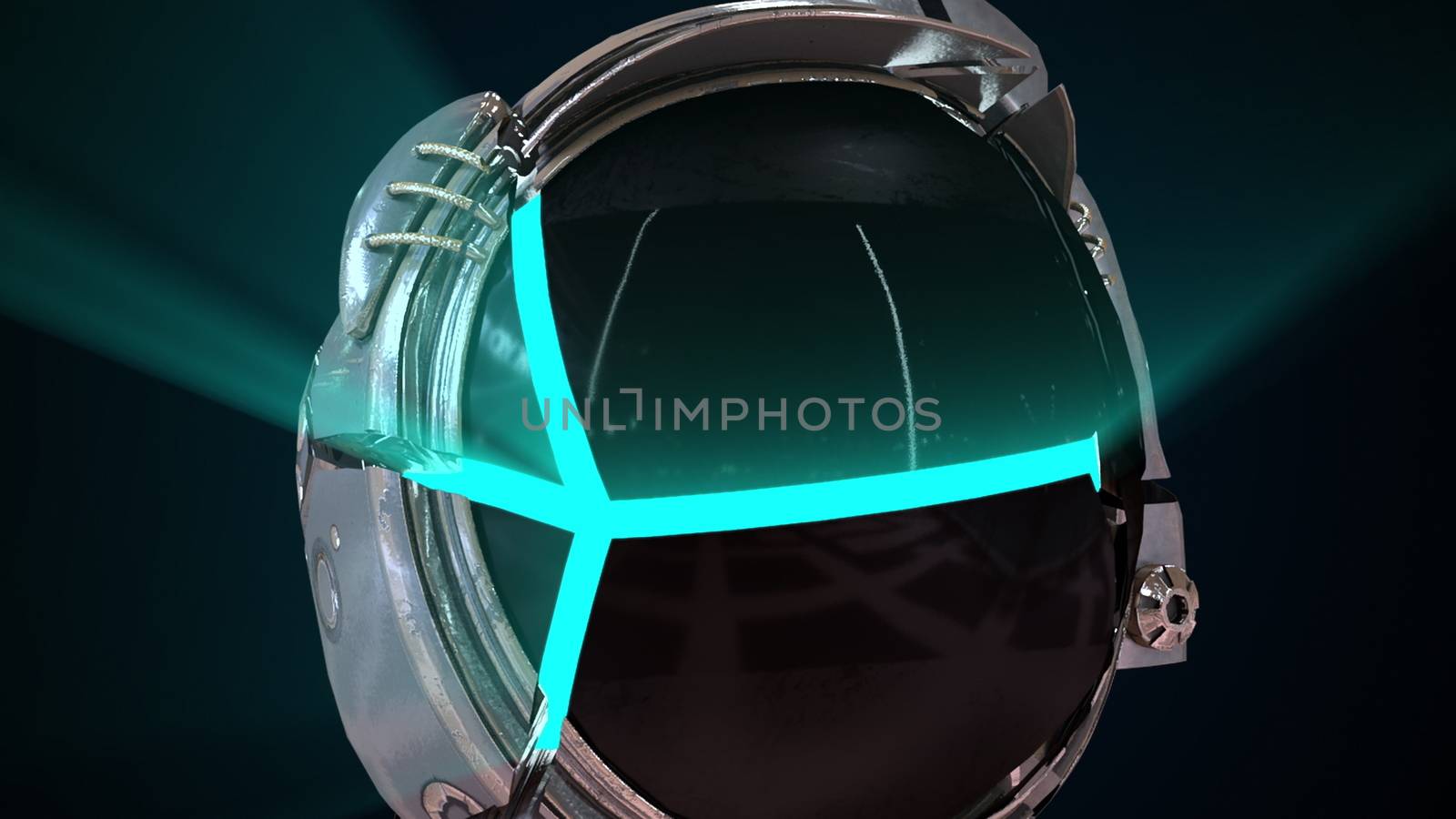 Cosmonaut head in a metal helmet close-up with neon light from the inside. Computer generated space background, 3d rendering