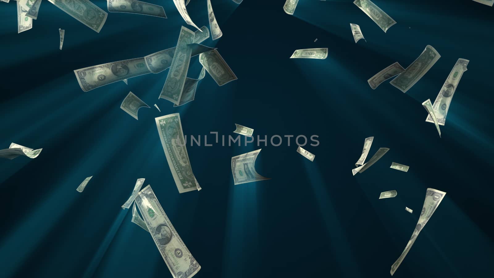 Many dollar bills fall from above, 3d rendering. Computer generated backdrop with effect of money rain. Business success
