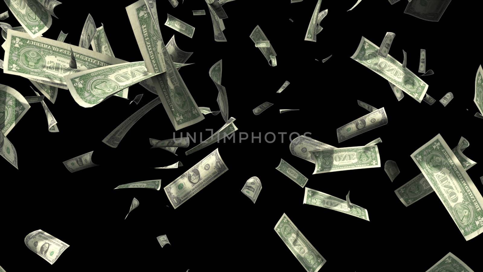 Many dollar bills fall from above, 3d rendering. Computer generated backdrop with effect of money rain. Business success
