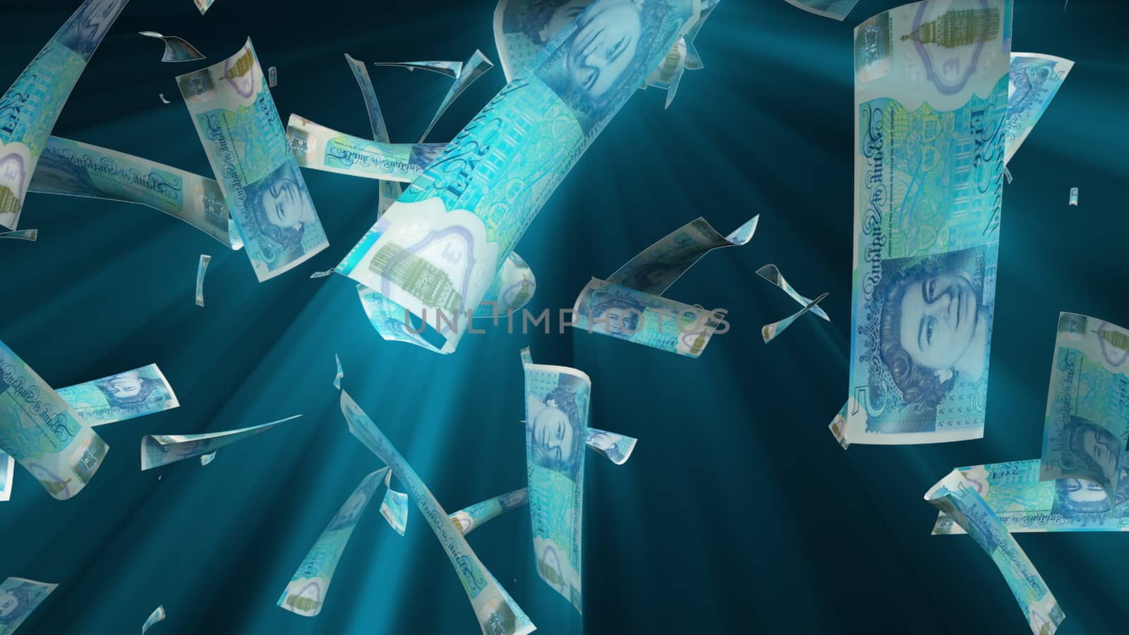 Many pound sterling bills fall from above, 3d rendering. Computer generated backdrop with effect of money rain. Business success