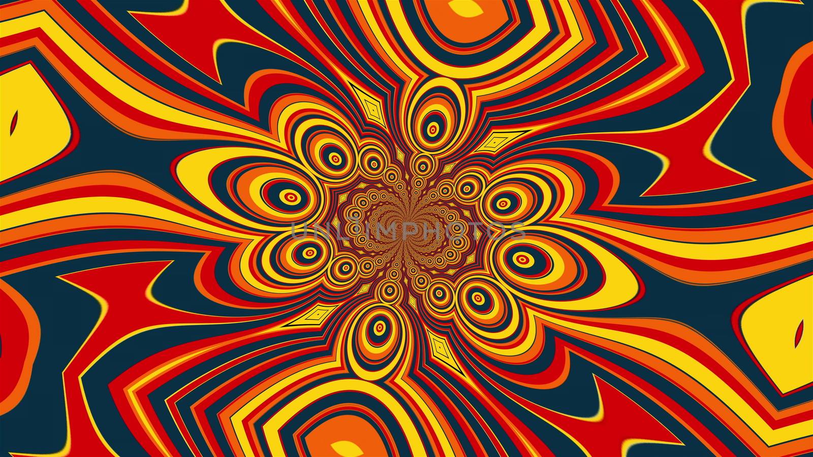 Swirling mandala with a colored striped elements forming the petals and circles. 3D rendering of a computer generated hypnotic background