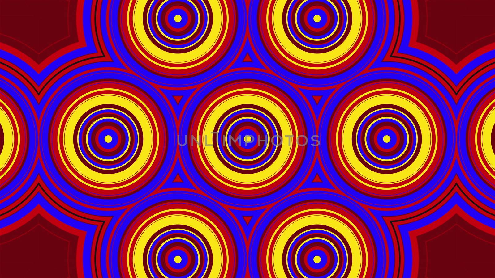 Retro kaleidoscope of colorful rounds forming hypnotic ornament. 3d rendering computer generated technological background