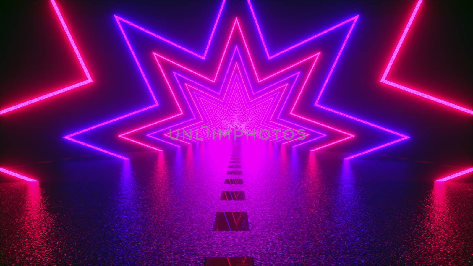 3D rendering, abstract geometric background, virtual reality, computer generated fluorescent ultraviolet light, glowing neon lines, a star tunnel with a straight road