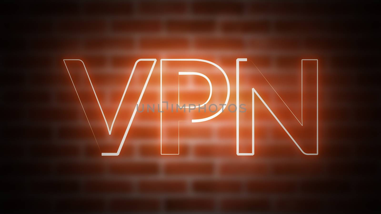 3D rendering of shine text VPN against the background of brick, computer generated wireframe symbol with glowing laser light