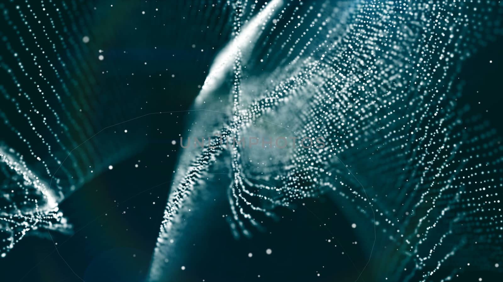 Dof particles, beautiful wavy surface with fabric effect, 3d rendering background, computer rendering abstraction