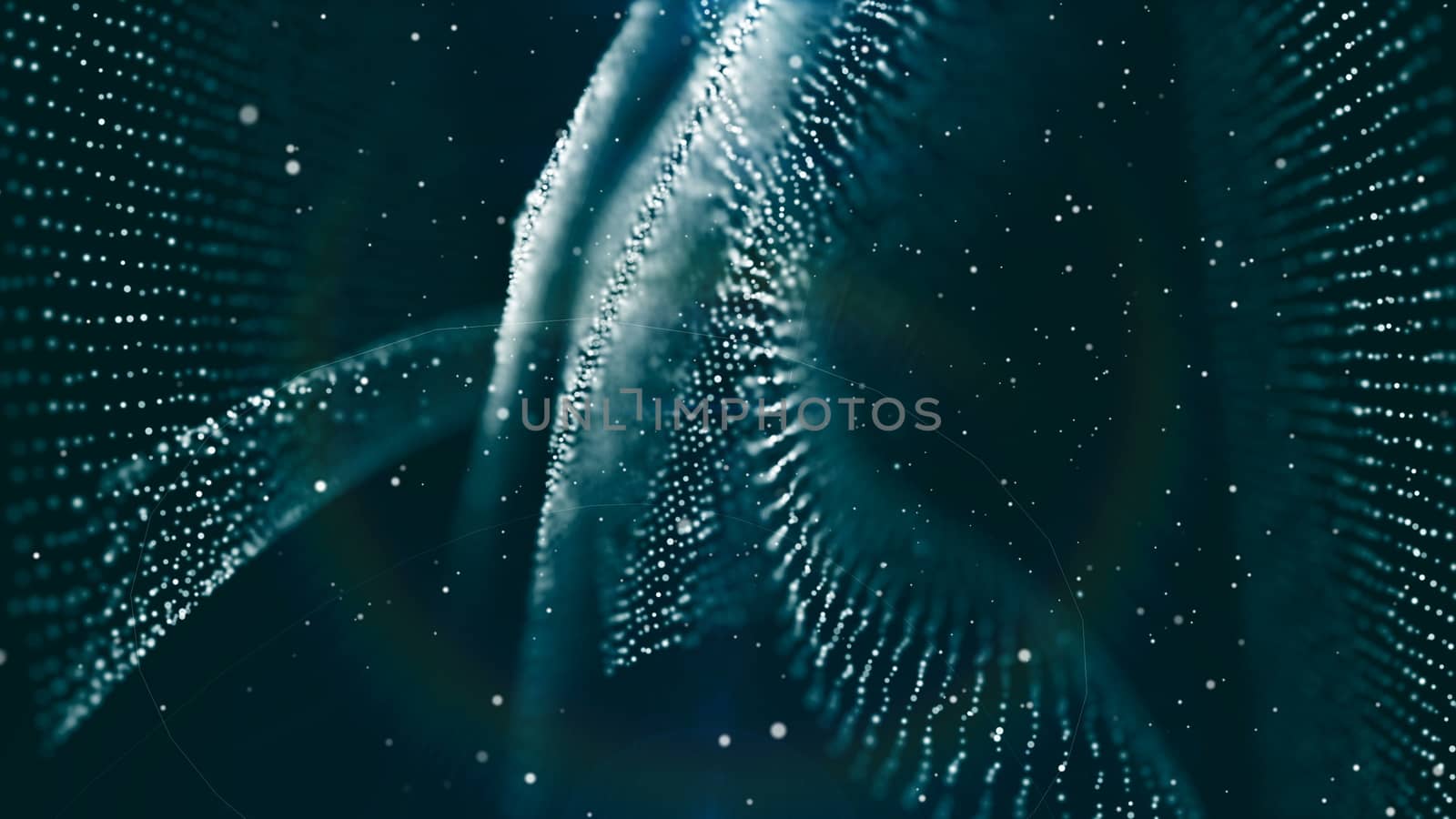 Dof particles, beautiful wavy surface with fabric effect, 3d rendering background, computer rendering abstraction