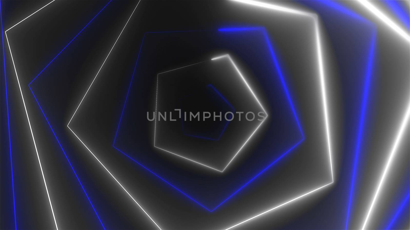 Hexagonal bright long abstract neon tunnel is in the dark space, 3d render computer generated background by nolimit046