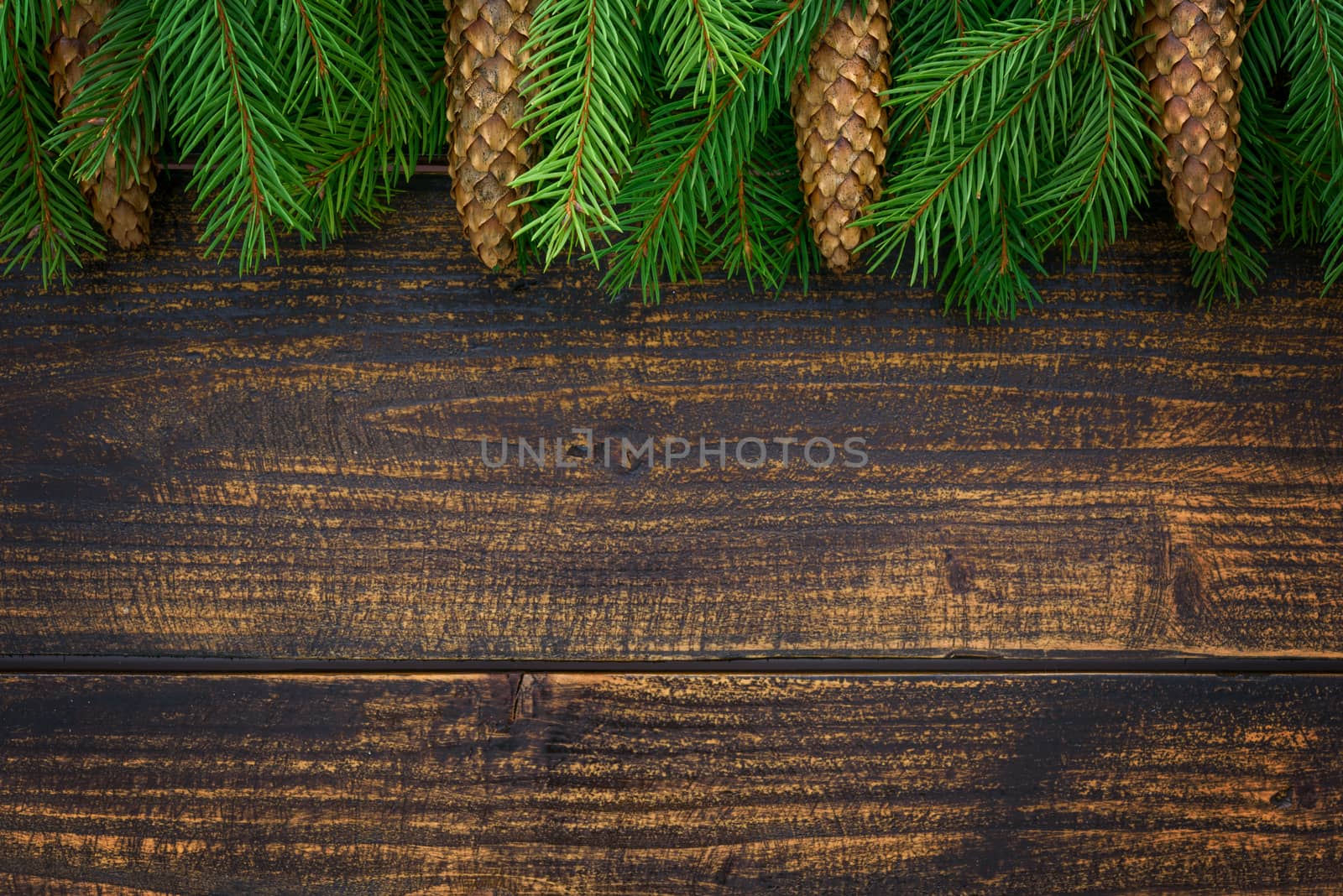 Christmas decoration concept - spruce branches on an old wooden vintage planks with copy space ( high details).
