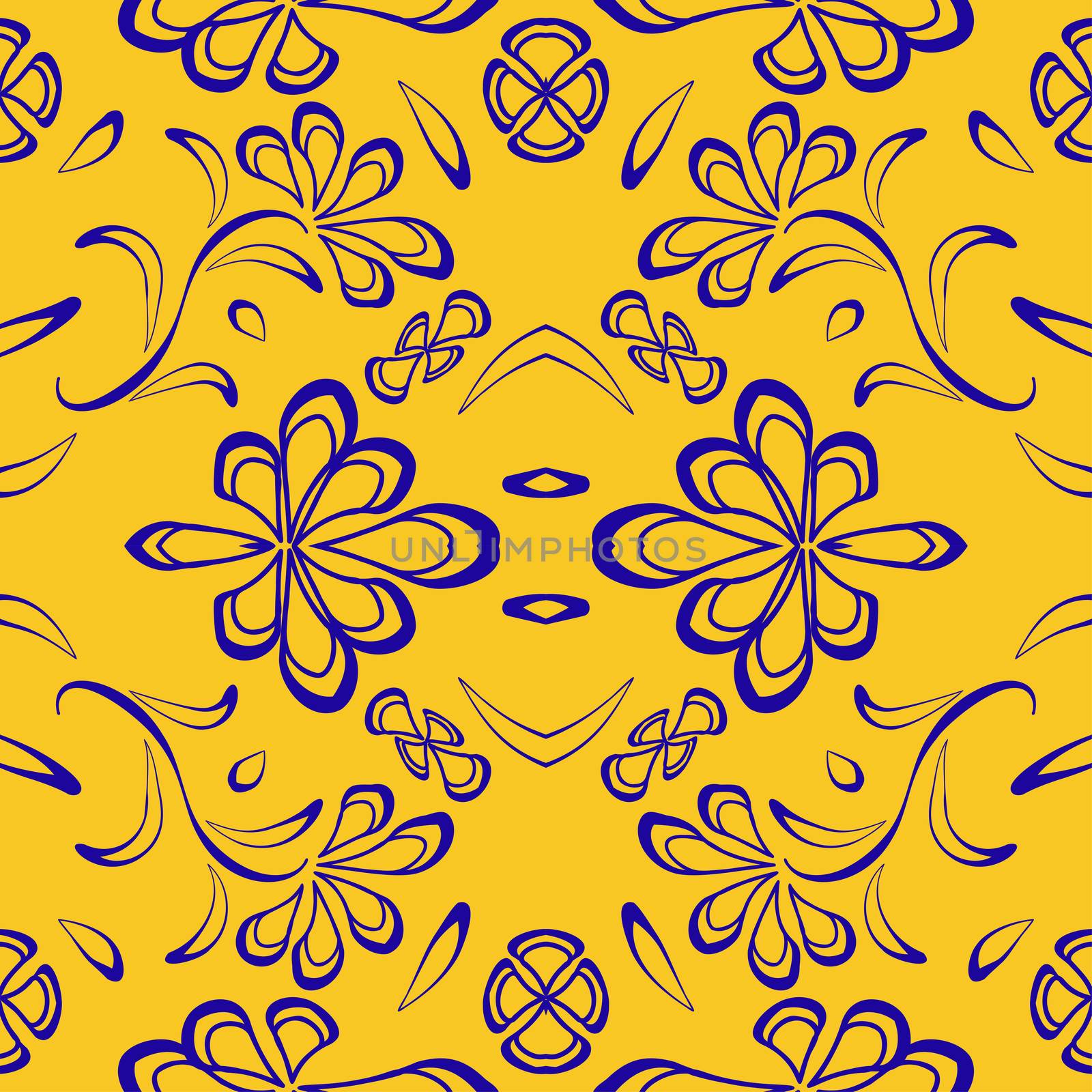 Linocut style flowers and leaves with offset color in white circles. Seamless vector pattern on green polka dot background. Great for wellbeing, beauty, packaging, fabric, stationery, wedding