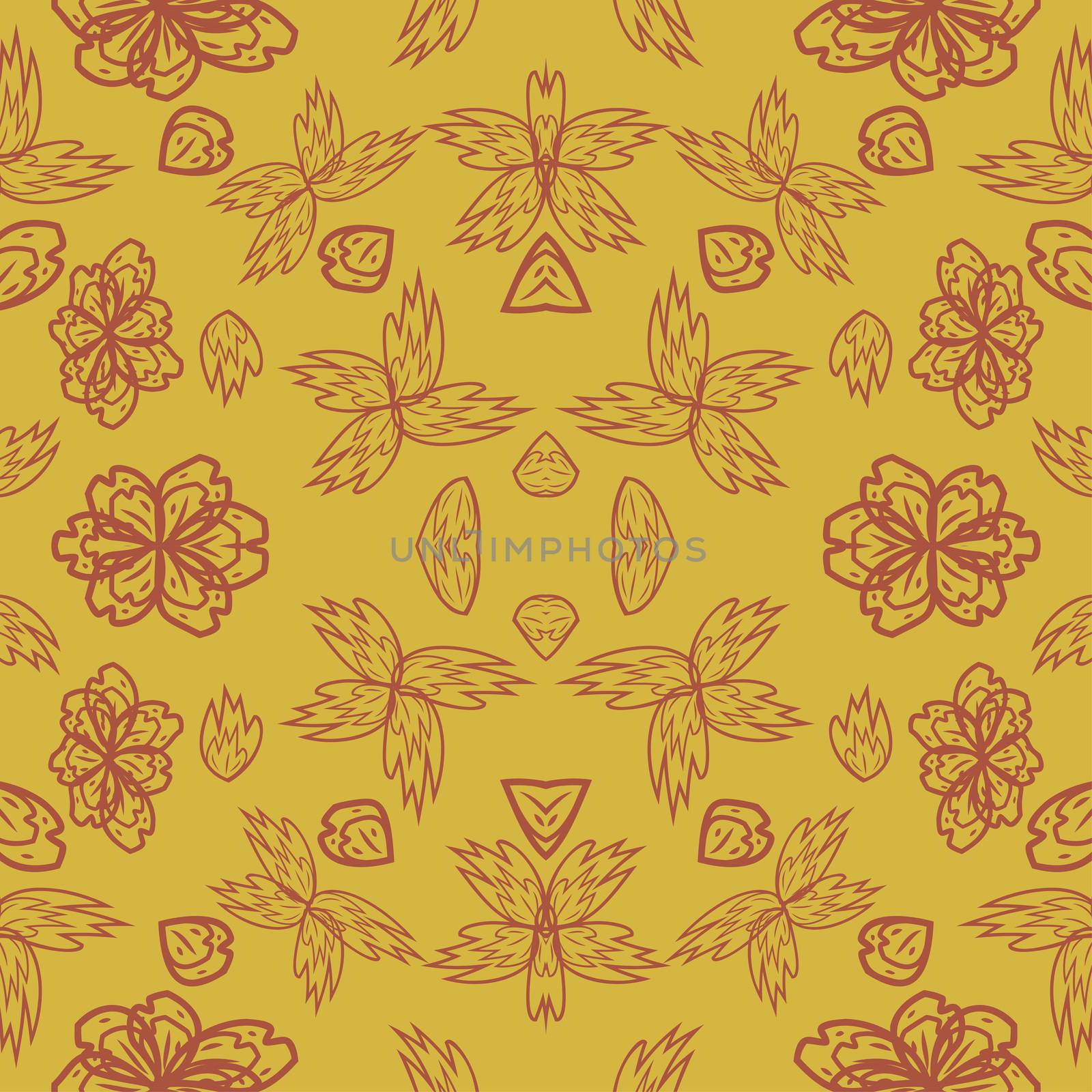 seamless pattern with leaves and flowers linocut style by eskimos