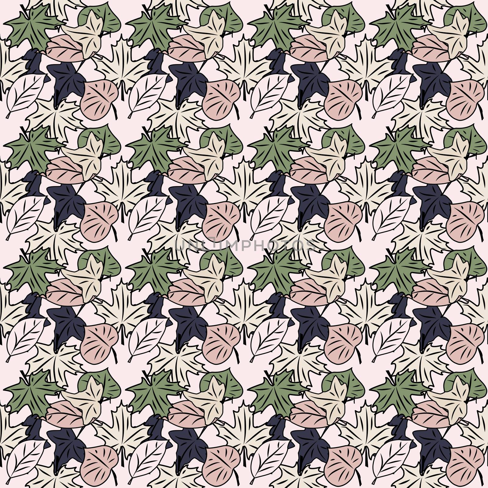 seamless pattern with leaves and flowers doodling style by eskimos